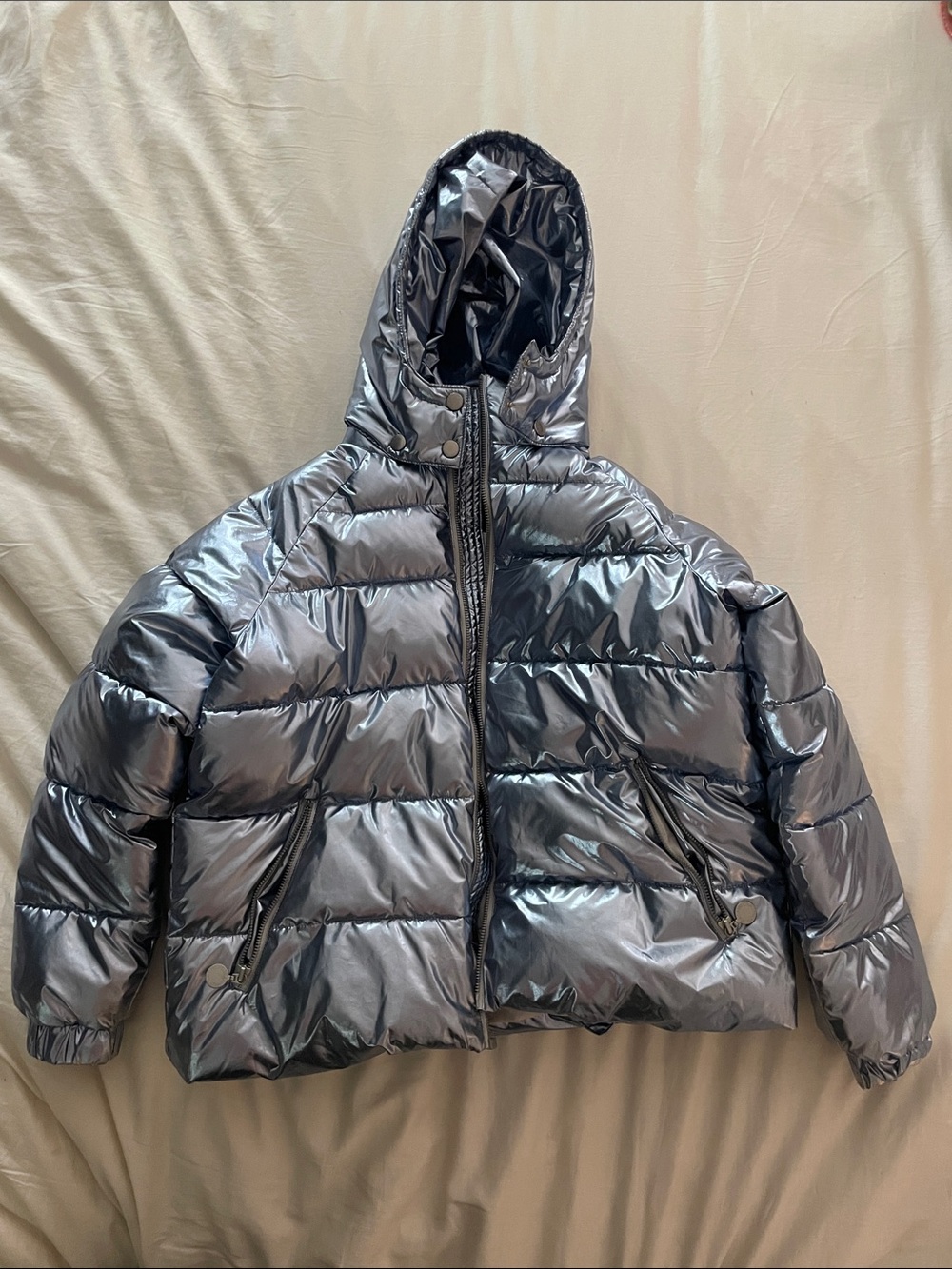 Stella McCartney Kids Metallic Blue Hooded Puffer Jacket